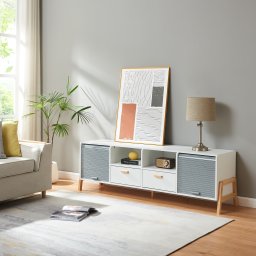 Comoda TV Kvaefjord 160x40x52 cm alb/gri, cu sertare si usi jaluzea