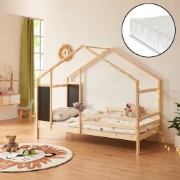 Pat copii tip casuta Lorenskog cu saltea 90x200 cm, natur