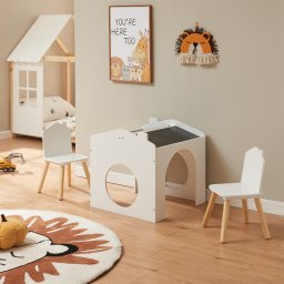 Masa de desen pentru copii Romso cu 2 scaune, alba, tip casuta