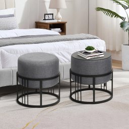 Set 2 taburete rotunde cu functie de masa, stivuibile, gri închis