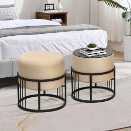 Set 2 taburete rotunde stivuibile cu functie de masa, bej