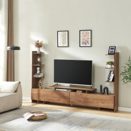 Comoda TV Rauki cu rafturi laterale, 233x31x141 cm, finisaj nuc