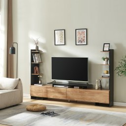 Comoda TV Rauki cu rafturi laterale, negru si aspect lemn mango