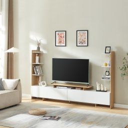 Comoda TV Rauki cu rafturi laterale, alb si stejar, 233x31x141 cm