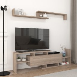 Comoda TV Liksefte cu etajera de perete, decor stejar, 154 cm