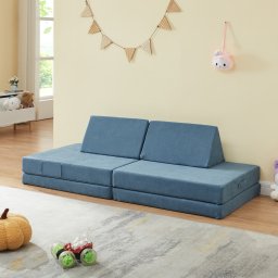 Canapea modulara pentru copii Norhulta, 5 piese, catifea reiata albastra