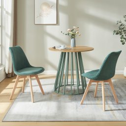 Set 2 scaune dining tapitate din cord, verde închis, picioare din lemn