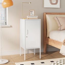 Noptiera metalica alba cu usa încuiabila si raft, 82x35x35 cm