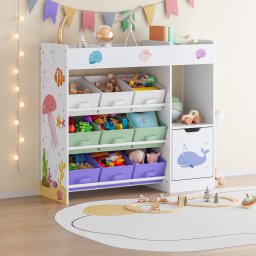 Raft pentru copii cu 9 cutii depozitare si dulap Aqua Dream 80x90 cm