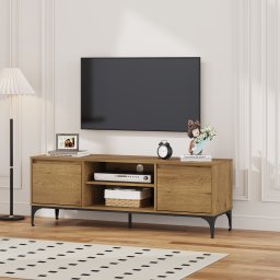 Comoda TV Kistiandi 140x40x50 cm, stejar închis, cadru metalic