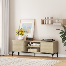 Comoda TV Kistiandi 140x40x50 cm, stejar deschis, cu 2 usi