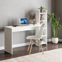 Birou alb cu raft lateral integrat 150x45x120 cm pentru home office