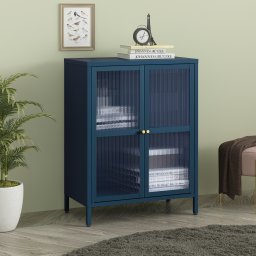 Sideboard albastru marin cu 2 usi si sticla striata, 84x64x35 cm