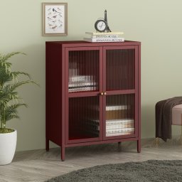 Bufet living Säkylä cu 2 usi din sticla striata, bordo, 84x64x35 cm