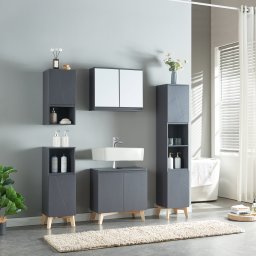 Set mobilier baie 5 piese Overath gri, modern, cu dulap oglinda