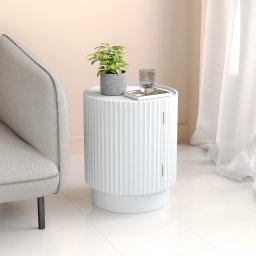 Masa laterala Rill cu usa, alba, 49xØ40 cm, pentru living si dormitor