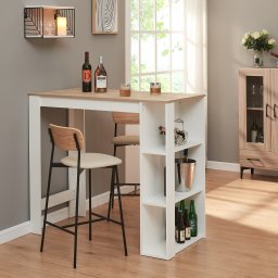 Masa de bar Danderyd 120x60x105,5 cm cu 3 rafturi, alb si stejar