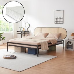 Pat metal Linköping 160x200 cm cu saltea si tablie ovala ratan, negru