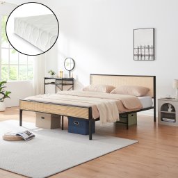 Pat metalic 160x200 cm cu saltea, negru si aspect ratan Linköping