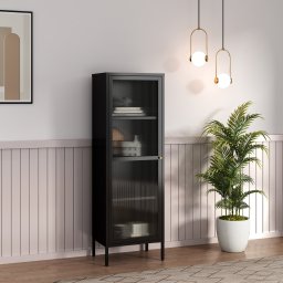 Vitrina living din otel cu sticla striata, 150x50x35 cm, neagra