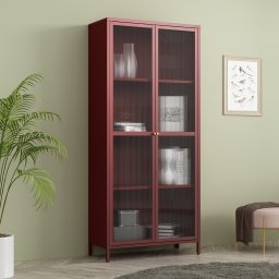 Vitrina metalica Säkylä cu sticla striata, 180x80x35 cm, bordo