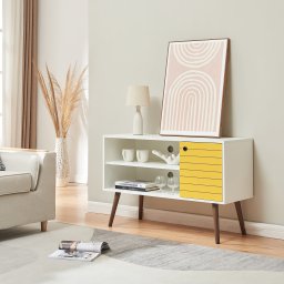 Comoda TV Vare 100x40x65,5 cm alb/galben cu rafturi si usa