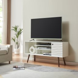 Comoda TV Vare 130x40x65,5 cm alba, cu rafturi si dulap, en.casa