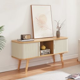 Comoda TV Tysvær 120x40x58 cm din bambus, crem, cu usi glisante