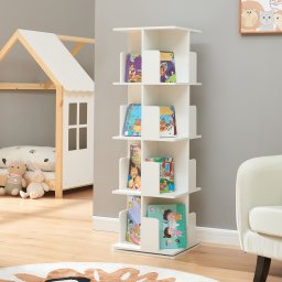 Biblioteca rotativa pentru copii, 16 compartimente, alba, 129x40x40 cm
