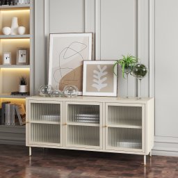 Comoda TV Lindau din otel, crem, 120x40x59 cm, 3 usi