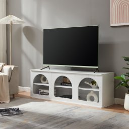 Comoda TV alba Trorhun 140x38x48 cm cu 6 compartimente, [en.casa]