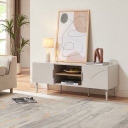 Comoda TV Starvili bej cu 2 usi si rafturi, 120x40x45 cm
