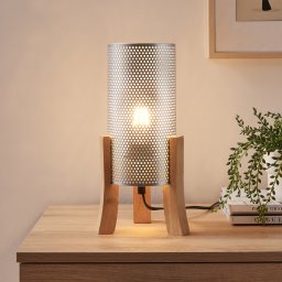 Lampa de masa Joelleldsvin cu abajur metalic argintiu si baza din lemn