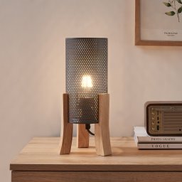 Lampa de masa Joelle gri cu suport din lemn si abajur metalic 30 cm