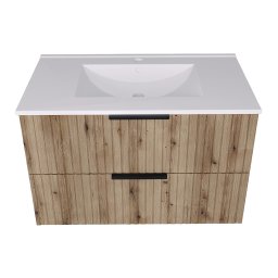Dulap baie cu lavoar ceramic Veppenssan 81 cm, aspect stejar