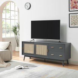 Comoda TV Susa gri cu front din poliratan, 160x40x65 cm