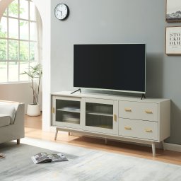 Comoda TV Susa bej cu fronturi din sticla, 160x40x65 cm, en.casa