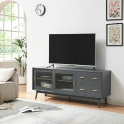 Comoda TV Susa gri cu front din sticla, 160x40x65 cm, [en.casa]
