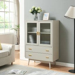 Vitrina living bej cu 2 usi din sticla si 2 sertare, 120x80x40 cm