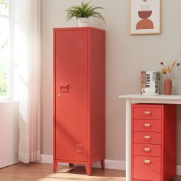 Dulap metalic vestiar rosu cu încuietoare si 2 rafturi, 137x38x38 cm
