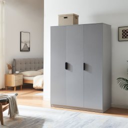 Dulap pentru haine gri cu 3 usi, bara si 4 rafturi, 176x120x52 cm