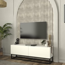 Comoda TV Nolven 135 cm alba, cu 2 usi si cadru metalic