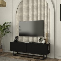 Comoda TV Nolven 135 cm neagra cu 2 usi rabatabile si cadru metalic