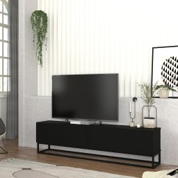 Comoda TV Nolven 180 cm, negru, cu 2 usi rabatabile si cadru metalic