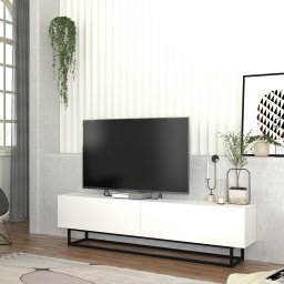 Comoda TV Nolven alba cu 2 usi si cadru metalic, 180x32x47 cm