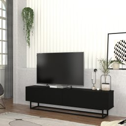 Comoda TV Nolven 180 cm neagra, cu 2 usi si cadru metalic