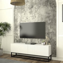 Comoda TV alba 135 cm cu front 3D si cadru metalic Verpsboga
