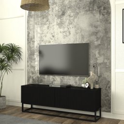Comoda TV neagra 135 cm cu front 3D si 2 usi rabatabile