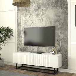 Comoda TV alba Verpsboga 135 cm cu front 3D si 2 usi rabatabile