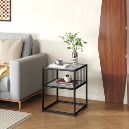 Masuta laterala Tronevn cu blat din sticla si raft, 50x40x40 cm, neagra